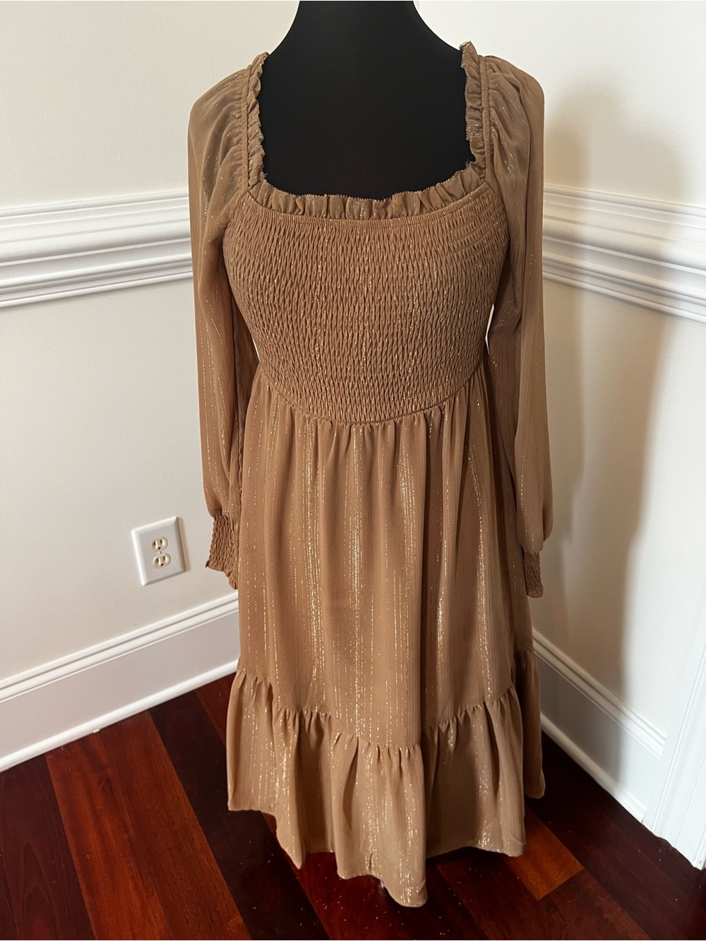 Smocked Square Neck Midi Dress in Camel with Metallic Thread